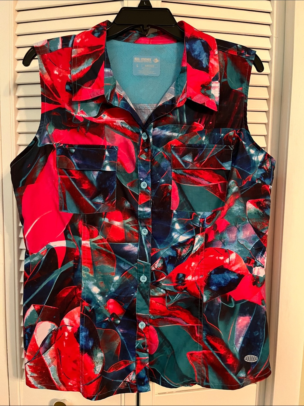 Reel Legends Sleeveless Button-Front Top in Red and Teal Abstract Print